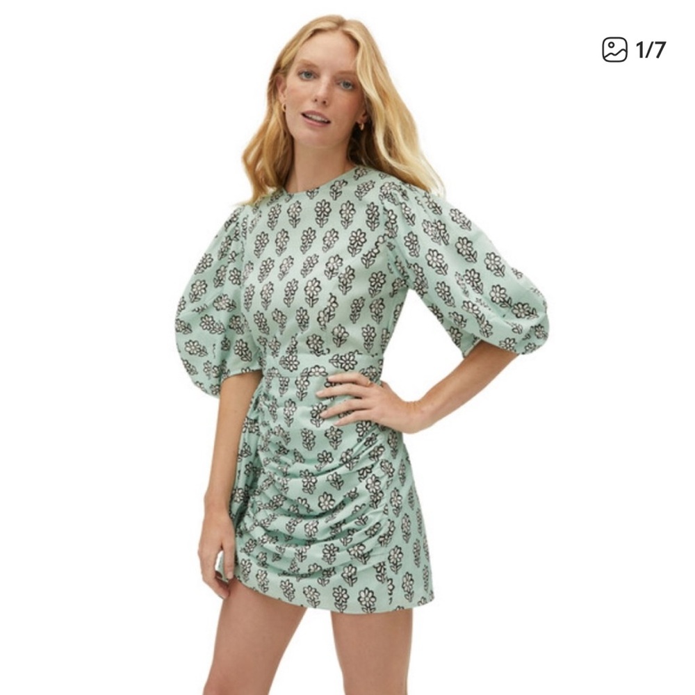RHODE Mint Green Floral Puff-Sleeve Mini Dress